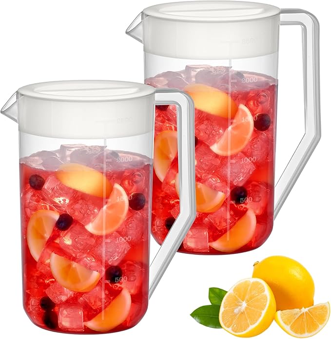 Amazing Abby - Kitchen Party - 2-Quart Plastic Pitcher (2-Pack), Unbreakable Water Pitcher with Lid, BPA-Free, Heat-Resistant, Dishwasher-Safe, Great for Both Iced and Hot Drinks, Indoors and Outdoors