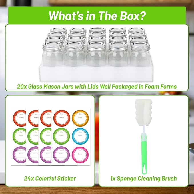 12 oz Glass Mason Jars With Lids 20 Pack,Reusable 350ml Round Canning Jars With Silver Separable Lids for Jam,Fruits Storage,Honey,Beverages and Wedding Favors(12 fl. oz, Set of 20)