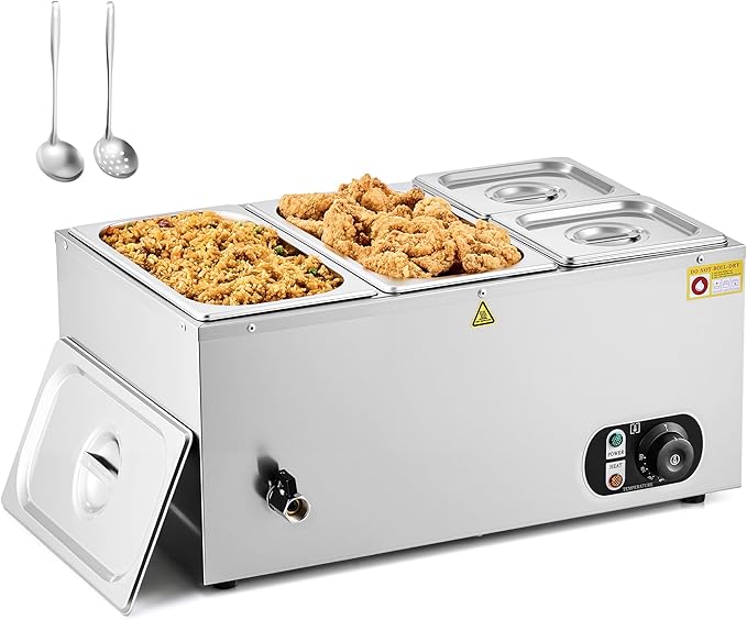 WILPREP Commercial Food Warmer with Two 1/3 & Two 1/6 Pans, 1500W Countertop Electric Warmer, 86-185°F Adjustable Temp Control, Stainless Steel Buffet Bain Marie