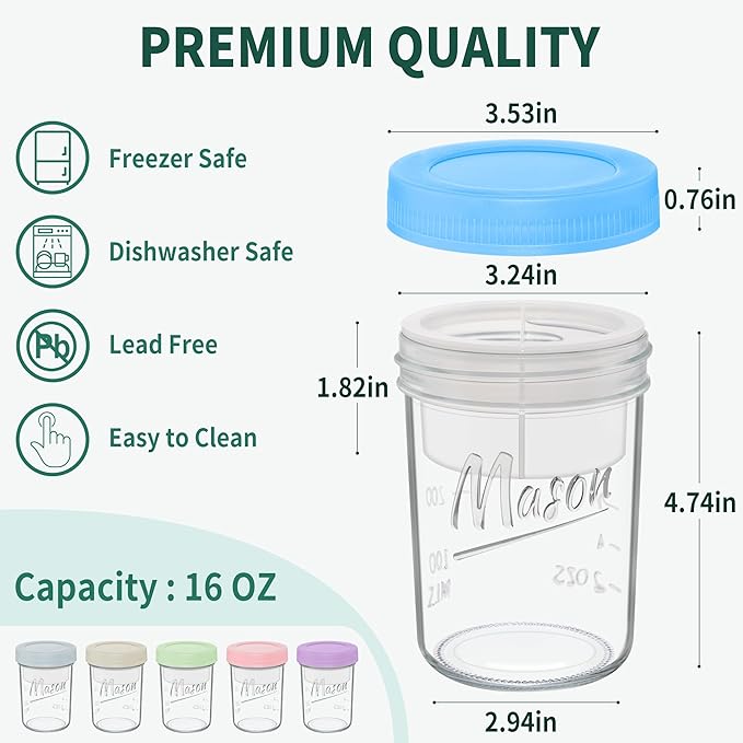 16 oz Overnight Oats Containers with Lids, 6-Pack Leak-Proof Wide Mouth Mason Jars & Separate Compartments for Fruits/Nuts, Airtight Glass Jars for Chia Pudding, Yogurt, Parfait and Salad