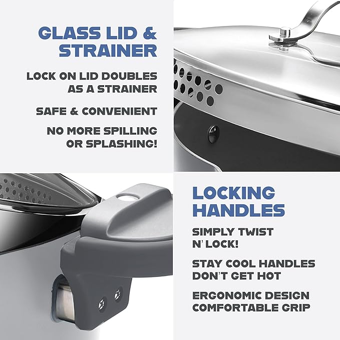 Gotham Steel 5 Quart Stock Pot Multipurpose Pasta Pot with Strainer Lid & Twist and Lock Handles, Ceramic Nonstick Cooking Pots + Pasta Strainer Lid, Spaghetti Pot, Dishwasher Safe