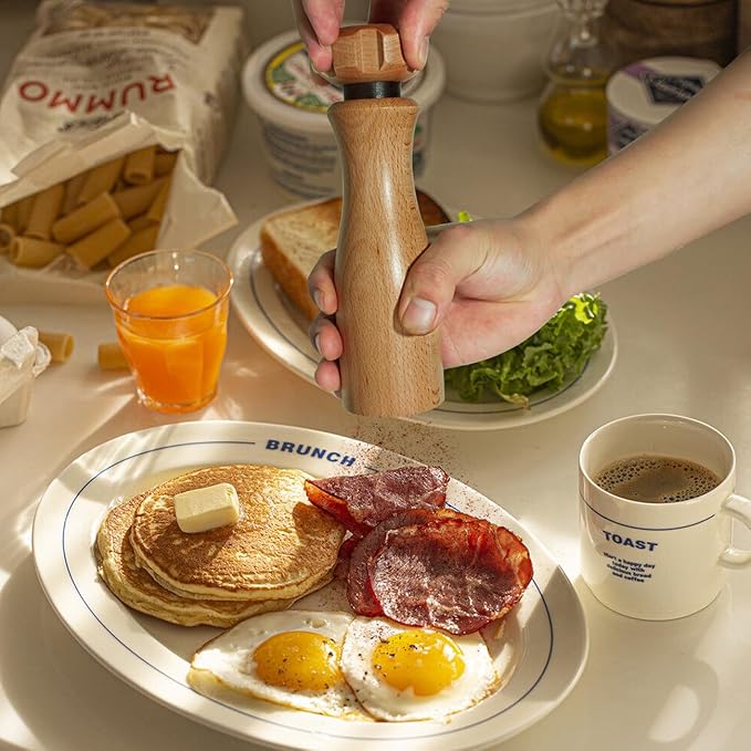 Wooden Pepper Grinder – 【Gear-Shape Knob & Effortless Grinding】8 in Salt Grinder Refillable & Pepper Mill with Adjustable Coarseness,Beech + Black Walnut, Premium Ceramic Mechanism for both kitchen