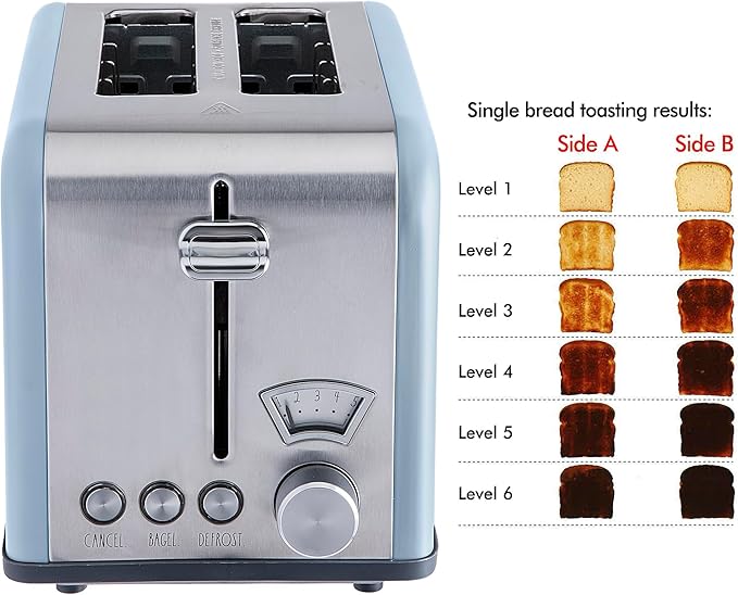 Rae Dunn Toaster, Stainless Steel 2 Slice Square Toaster, Wide Slot with 5 Browning Levels, with Bagel, Defrost and Cancel Options (Baby Blue)