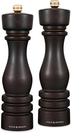 Cole & Mason London Refillable Spice Mill - Kitchen & Home Accessory - Salt & Pepper Grinder Set - Salt Mill with Ceramic Mechanism - Pepper Mill with Carbon Steel Mechanism - 8", Chocolate Wood