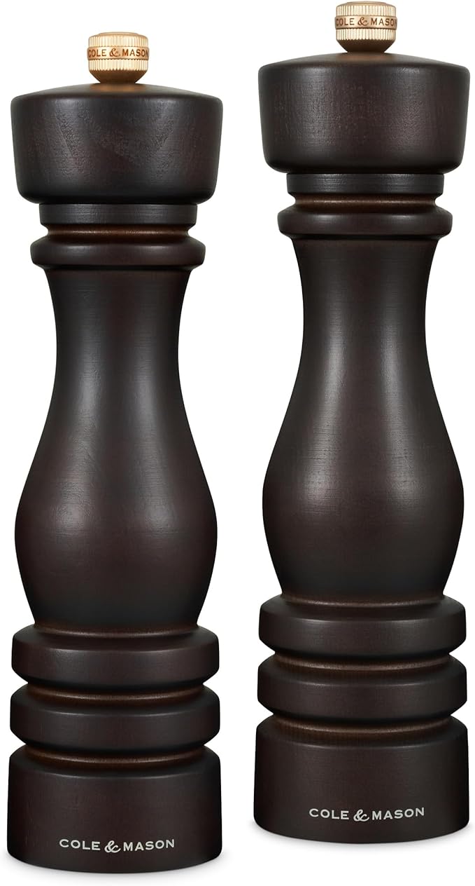 Cole & Mason London Refillable Spice Mill - Kitchen & Home Accessory - Salt & Pepper Grinder Set - Salt Mill with Ceramic Mechanism - Pepper Mill with Carbon Steel Mechanism - 8", Chocolate Wood
