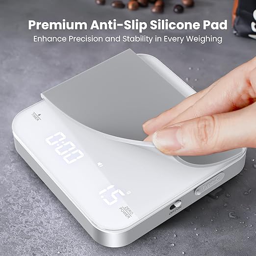 Maestri House Mini Coffee Scale with Timer, USB-C Rechargeable Espresso Scale, 2kg/0.1g Accurate Scale for Espresso and Pour-Over Coffee, Portable Digital Kitchen Scale with Auto Timer (White&Silver)