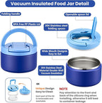 Bento Lunch Box with 8oz Soup Thermo,Kids Leakproof 4 Compartment Lunch Food Containers with Sauce Cup and Ice Pack,Kids Thermo Insulated Hot Food Jar and Lunch Bag for School,Trvael-Blue