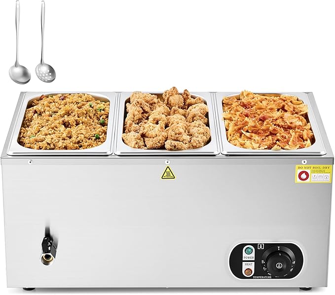 WILPREP Commercial Food Warmer with Three 1/3 Pans, 1500W Countertop Electric Warmer, 86-185°F Adjustable Temp Control & Over-Temp Protection, Stainless Steel Buffet Bain Marie