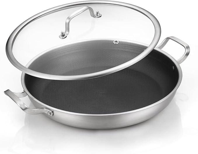 DELARLO 13 Inch Tri-Ply Stainless Steel Paella Pan with Lid Nonstick Frying Pan, Hybird Induction Large Skillets,Great for Paella Parties Indoors Outdoors,Heavy Duty Style