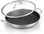 DELARLO 13 Inch Tri-Ply Stainless Steel Paella Pan with Lid Nonstick Frying Pan, Hybird Induction Large Skillets,Great for Paella Parties Indoors Outdoors,Heavy Duty Style