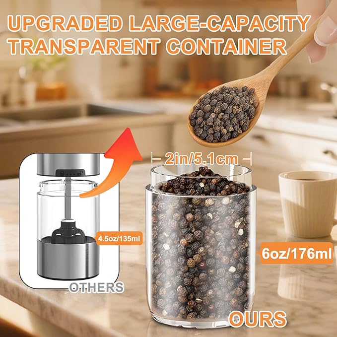 Gravity Electric Salt and Pepper Grinder Set Rechargeable, External Adjustable Coarseness, Automatic Salt and Pepper Shakers Mill with LED Light, 6oz/176ml Large Capacity, House Warming Gifts (2 Pack)