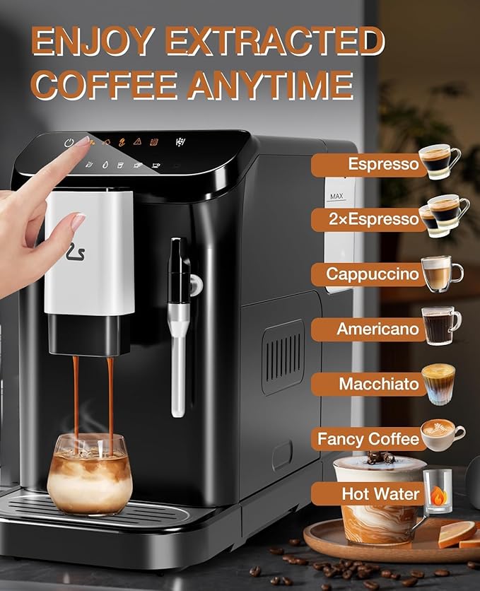 PeakPursuit Super-Automatic Espresso Machine, Grinder and Milk Frother, 20 Bar Pressure, Touchscreen Coffee Maker, 1.5L Removable Water Tank, One-Touch Cappuccino & Latte, Black