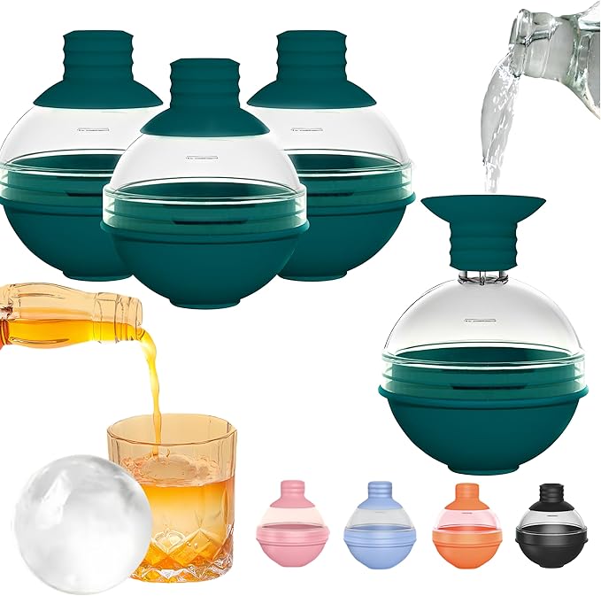 【Set of 4】 Ice Ball molds for cocktails, Bourbon, Whiskey Round Silicone Sphere Ice Molds with Funnel, Large Ice Cube Maker 2.4 Inch Ice big Balls trays, 2-in-1 Funnel Lid W-K8 (Deep Green)