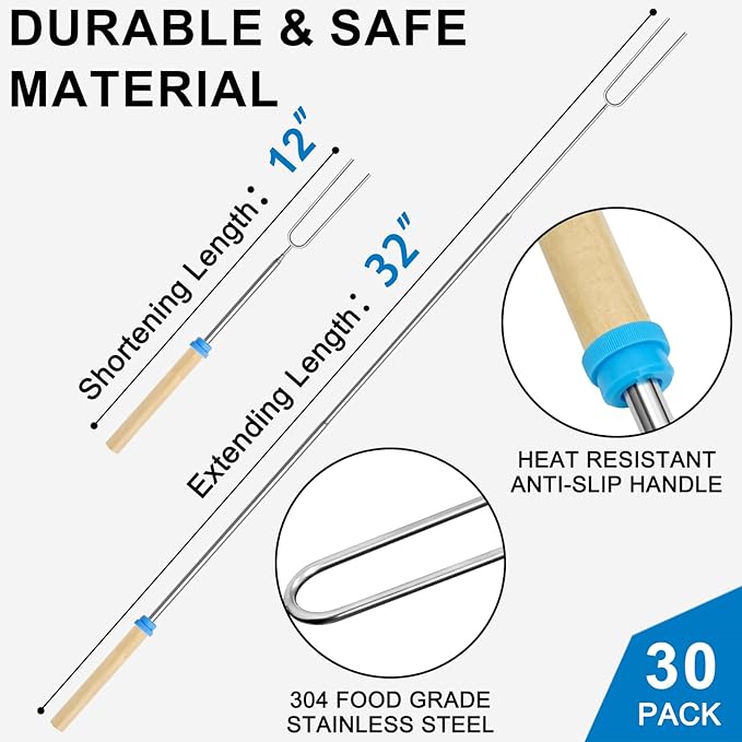 30 Pack Smores Sticks Kit, 32 Inch Marshmallow Roasting Sticks for Fire Pit, Extendable Hot Dog Smores Skewers Camping Accessories Marshmellow Forks Campfire BBQ Grill Tools, 10 Colors