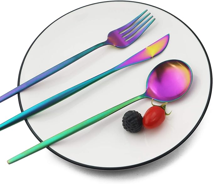 JASHII Flatware Silverware Set Stainless Steel Satin Finish Cutlery Set Service for 6, 30-Piece Spoons And Forks Kitchen Utensil Set, Dishwasher Safe (Matte Rainbow)