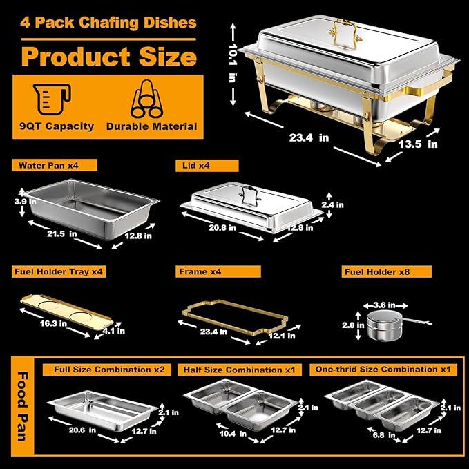 Chafing Dishes for Buffet 4 Pack, 9Qt Chafing Dish Buffet Set with Different Food Pans Combo, Food Warmers for Parties Buffet, Events & Weddings, Gold