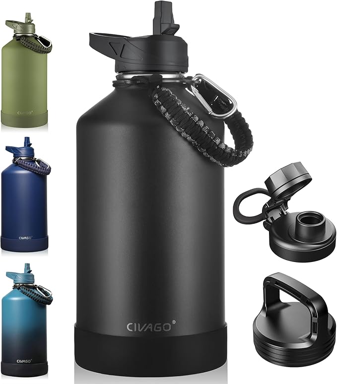 CIVAGO Gallon Insulated Water Bottle Jug with Straw, 128 oz Large Stainless Steel Water Flask, Big Metal Thermal Mug with 3 Lids for Sports, Travel, Gym, and Camping, Black