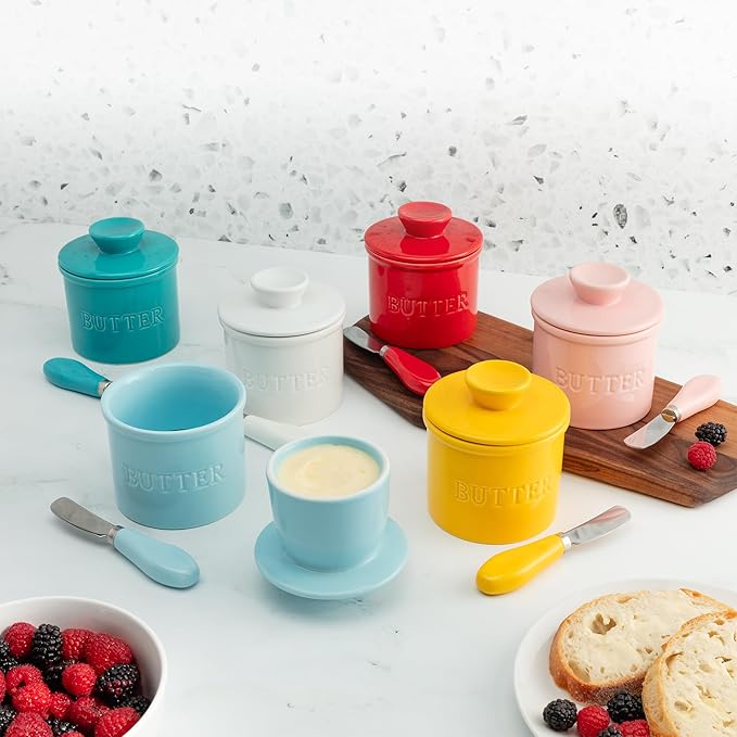 Zulay Kitchen Butter Crock With Lid & Spreader Knife for Countertop - Ceramic French Butter Dish Keeper For Fresh & Spreadable Butter - Stone Gray