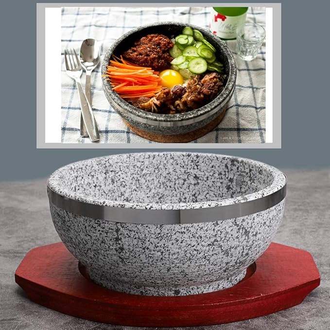 MDLUU Dolsot Bibimbap Bowl 32 Oz, Granite Stone Bowl with Wood Base, Dolsot Pot for Korean Soup, Rice and Stew