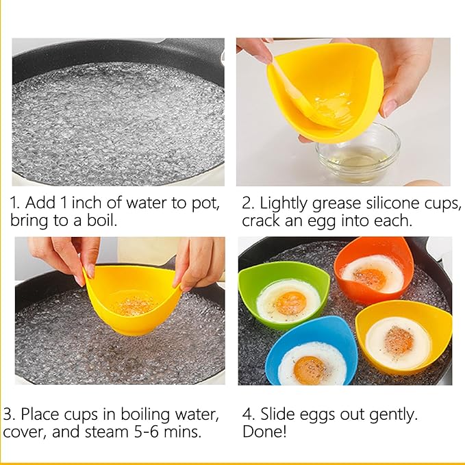 Egg Poacher Cups with Oil Brush, Silicone Egg Poachers Set of 4 Multicolor Poached Egg Maker Egg Coddler, Kitchen Tools and Gadgets