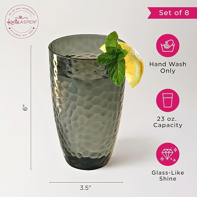 Kate Aspen Smoke Grey Hammered Plastic Tumblers, Plastic Drinking Glasses Set of 8, 23 oz, Large Shatterproof Cups Reusable for Outdoor Barware, Cocktails, BPA-Free Tumblers & Water Glasses