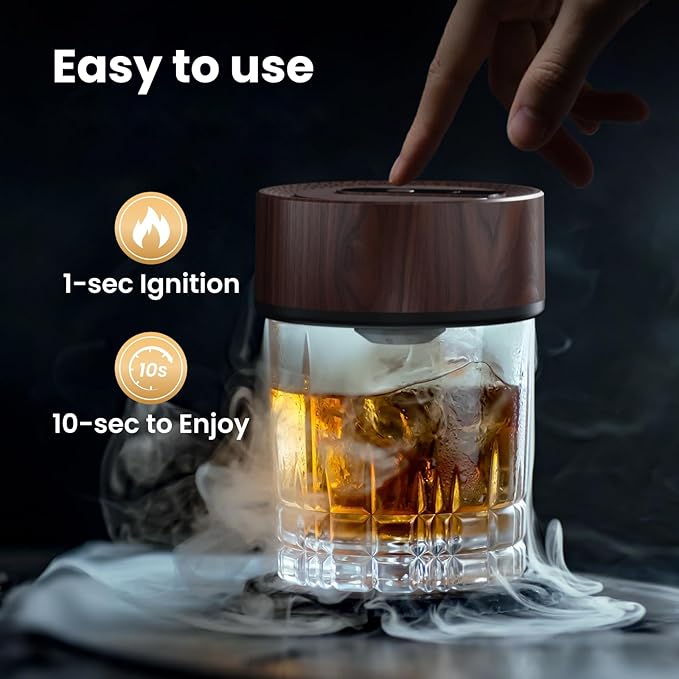 Vintage Electric Whiskey Smoker Kit with 8 Wood Chip Flavors – Rechargeable Whiskey Smoker with Built-in Ignition, Fuel-Free – For Men, Dad, Husband on Special Occasions – Wood Grain Design