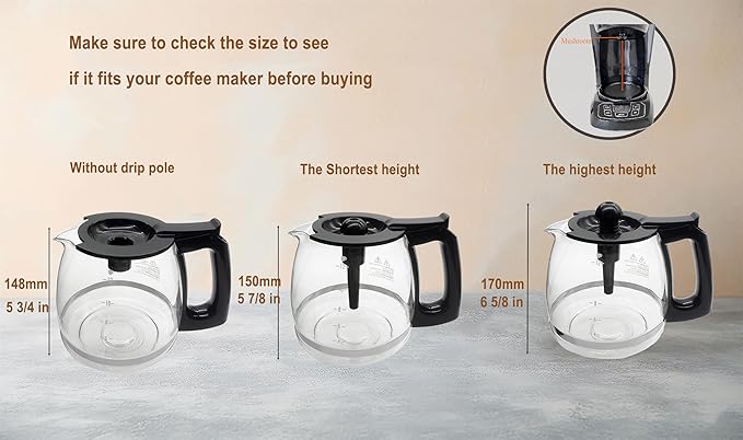 Coffee Machine Glass Carafe, 12-Cup Replacement Coffee Pot, Compatible with KitchenAid KCM1209 KCM1208, Cuisinart DCC 1220BKS, Capresso SG300, Gourmia GCM3260, Krups Essential, Wamife Mueller