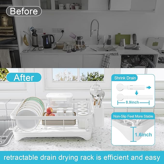 Dish Drying Rack - Space Saving Dish Rack with Drainboard,Single Layer with Utensil Holder - Large Capacity Countertop Organizer for Bowls, Cups, Dish Drainer White