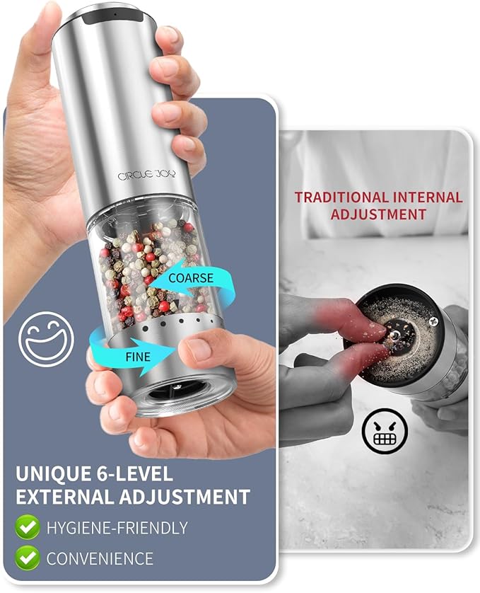 CIRCLE JOY Rechargeable Electric Salt and Pepper Grinder Set with Base, Stainless Steel Pepper Mills with 95ml Container, White LED Light and External Adjustable Coarseness, Silver