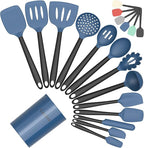 Coukre Silicone Kitchen Cooking Utensils Set with Holder – Heat-Resistant, Food-Grade Kitchen Tools, Spatula, Spoon & Gadgets for Non-Stick Pans, Dishwasher Safe (14, DarkBlue)