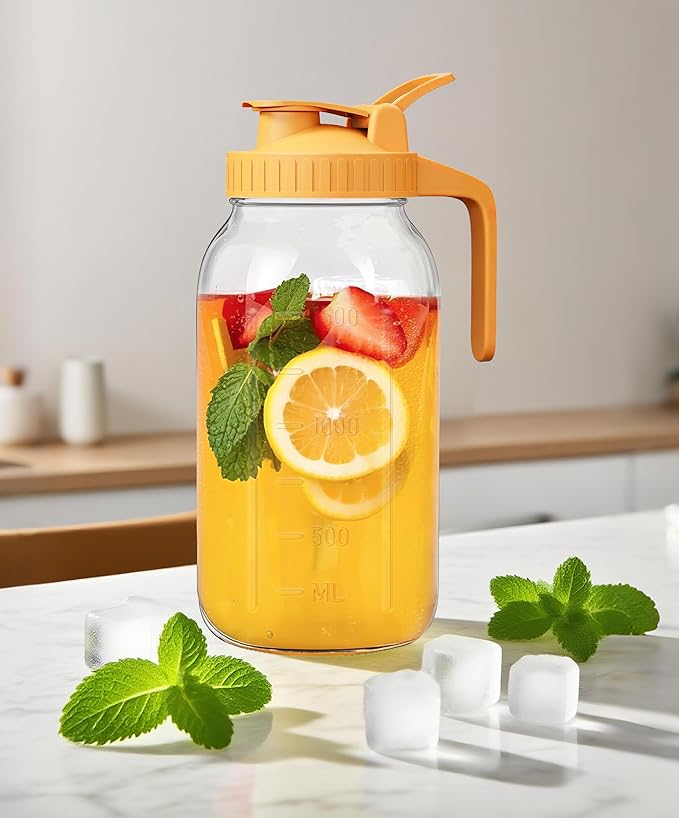 64oz Large Glass Pitcher with Lid & Spout,2 Quart Breastmilk Pitchers Upgraded Leak Proof, for Sun Tea, Iced Juice, Cold Brew Coffee, Breastmilk Storage Container-4PACK(Gray+Pink+Green+Yellow)