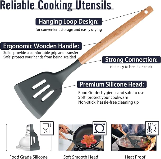 P&P CHEF Cooking Utensils Set, 6 PCS Kitchen Utensils with Wooden Handle, Silicone Spatula for Nonstick Cookware, Easy Clean & Non-toxic, Gray
