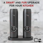 Electric Salt and Pepper Grinder Set of 2, Automatic Pepper Mill,USB Rechargeable, Adjustable Coarseness, One-handed Operation, Ceramic Burr, Refillable, Auto Grinders with Charging Base LED Light