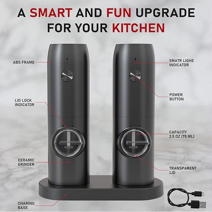 Electric Salt and Pepper Grinder Set of 2, Automatic Pepper Mill,USB Rechargeable, Adjustable Coarseness, One-handed Operation, Ceramic Burr, Refillable, Auto Grinders with Charging Base LED Light