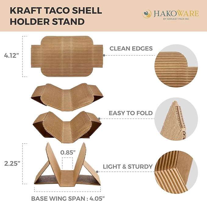 [200 COUNT]Harvest Pack Disposable Kraft Taco Holder Stand Tray, Taco Plates Serving Rack for Taco Shells Tortillas Hot Dogs Waffle Shawarmas Gyros Pita Bread Pocket Wraps, Taco Party Taco Tuesday