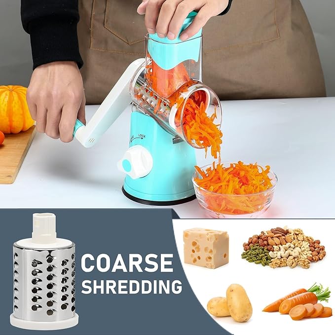 KEOUKE Rotary Cheese Grater Hand Crank Light Blue - Shredder Slicer Grinder 3 Stainless Steel Blades, Stable Suction, Labor-Saving Handle, Safe Kitchen Tool for Cheese, Vegetable, Nuts, Chocolate