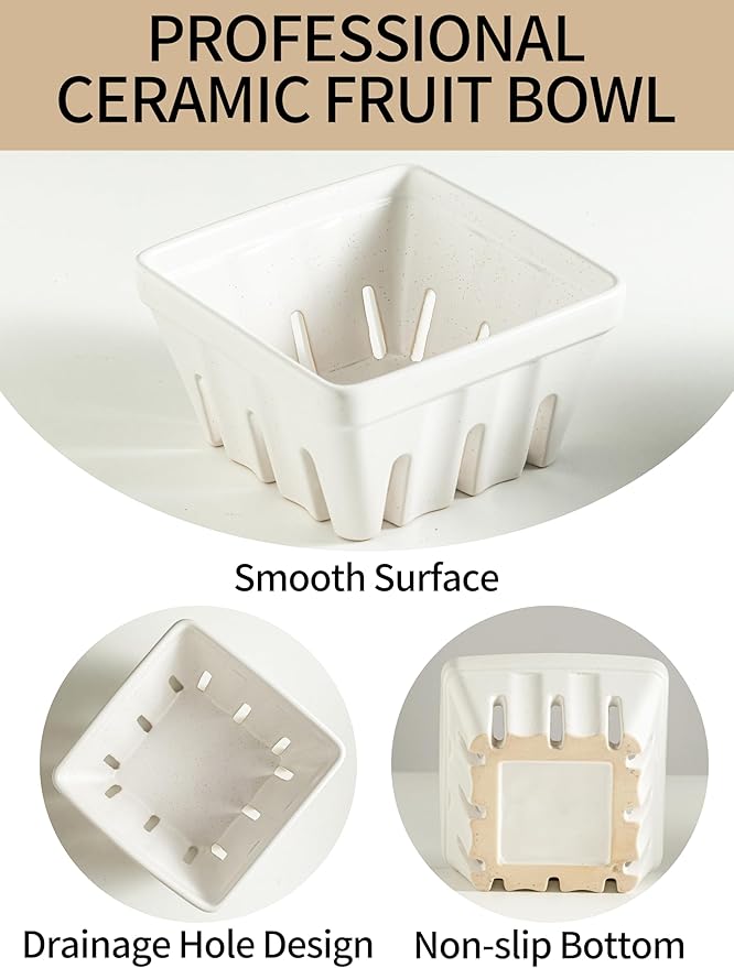 Gomakren Fruit Bowl with Holes, Ceramic Berry Basket Set of 2, 5.7 Inch Square Fruit Basket for Kitchen Counter, Rustic Berry Containers, Farmhouse Kitchen Decor - Cream White