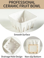 Gomakren Fruit Bowl with Holes, Ceramic Berry Basket Set of 2, 5.7 Inch Square Fruit Basket for Kitchen Counter, Rustic Berry Containers, Farmhouse Kitchen Decor - Cream White