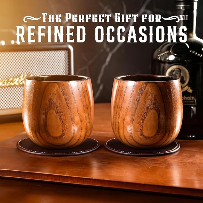 Oak & Hide Charred Oak Whiskey Glasses Wooden Set of 2 with 2 Premium Leather Coasters – Perfect Birthday, Anniversary, Bachelor, or Father’s Day Gift for Men