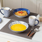 Ceramic Pasta Bowls Set - 40 Oz Porcelain Large Salad Bowls Serving - 9 Inch Wide Shallow Plate Bowls for Eating - Housewarming Wedding Gift - Oven Dishwasher Safe - Set of 4 - Vintage Blue