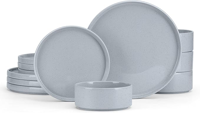 E-far Stoneware Dinnerware Sets, 12-Piece Plates and Bowls Dish Set for 4, Kitchen Modern Dinning Ware, Chip and Scratch Resistant, Microwave & Dishwasher Safe, Speckled Gray