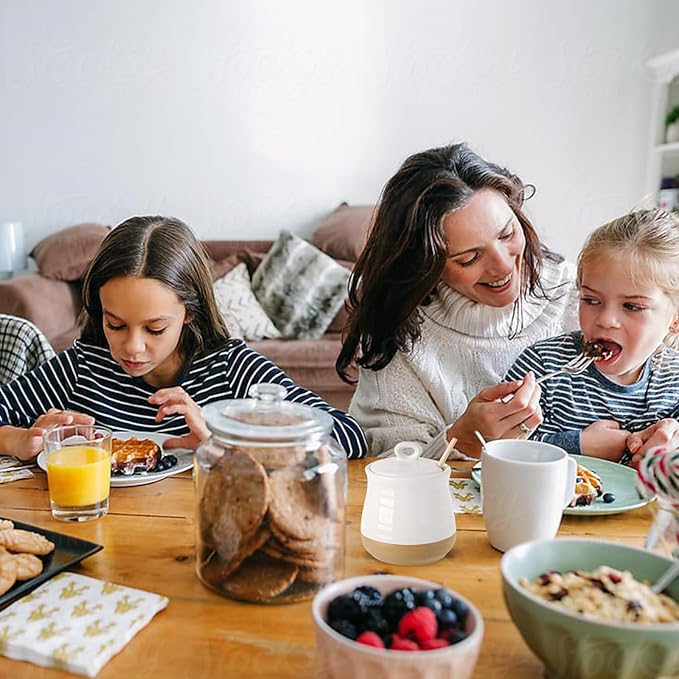 Hasense Ceramic Honey Pot with Lid and Dipper Stick, 12 Ounce HoneyJar Dish for Home Kitchen, Farmhouse Honey Container for Christmas Gift, Dishwasher Safe, White