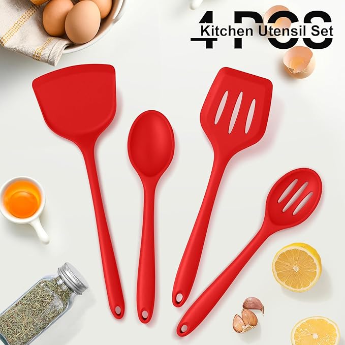 P&P CHEF Kitchen Utensil Set, 4 Pieces Non-stick Silicone Cooking Utensils, Heat-resistant Slotted Solid Spoon Turner for Frying, Mixing, Serving, Non-toxic & Easy to Clean, Red