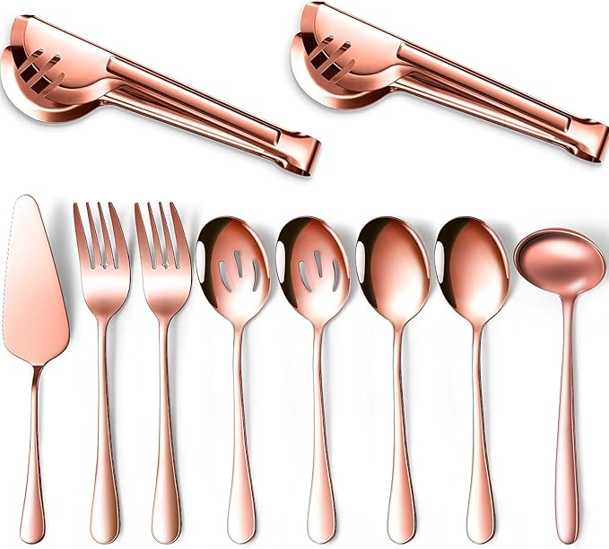 Patelai Serving Utensils Set Include Stainless Steel Large Spoons Slotted Spoons Forks Tongs Soup Ladle and Pie Server for Parties Buffet Catering, Dishwasher Safe(Rose Gold,10 Pieces)