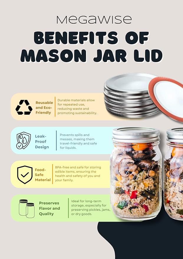 MegaWise Reusable Regular Mouth Canning Lids for Ball, Kerr Jars - Split-Type Metal Mason Jar Lids for Canning - Food Grade Material, 100% Fit & Airtight for Regular Mouth Jars, Silver/70 MM,10 Count