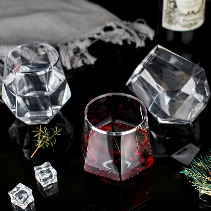 LUODA 32 Pack Silver Plastic Wine Glasses,12 Oz Disposable Whiskey Glasses, Silver Stemless Diamond Shaped Wine Glasses For Serving Wine, Cocktail, Whiskey