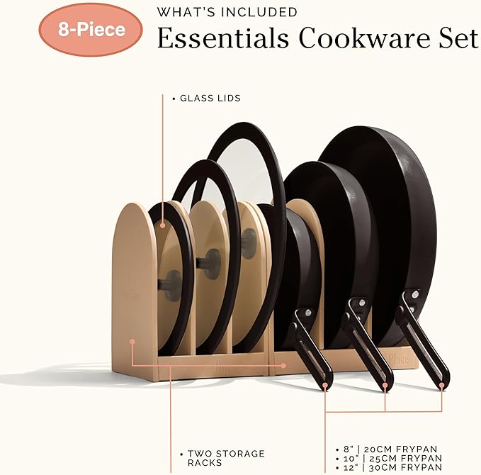 Our Place 8-Piece Essentials Complete Cookware Set - Ceramic Fry Pan Trio & Modular Rack Storage | Nontoxic Thermakind™ Nonstick, Oven Safe up to 450°F & Compatible with All Cooktops | Char