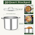 Leonyo 20QT Stock Pot, 18/10 Stainless Steel Soup Pot With Lid, Heavy Duty Stockpot Compatible with All Stoves, Food Grade Cookware for Pasta, Seafood, Spaghetti, Non Stick & Tri-Ply Base