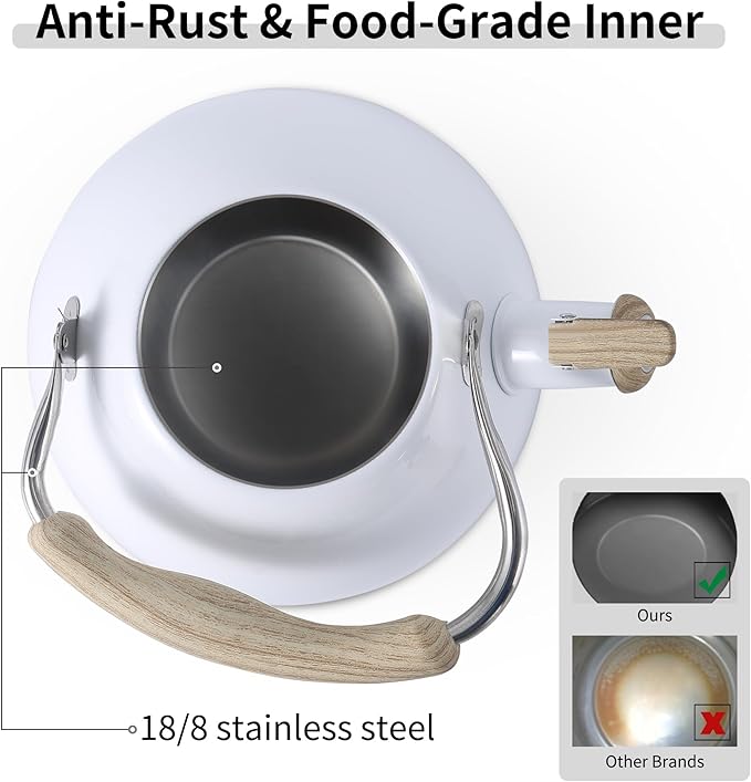 LONFFERY Tea Kettle for Stove Top, 3.2 Quart Whistling Tea Kettle, Food Grade Stainless Steel and Wood Pattern Folding Handle, White