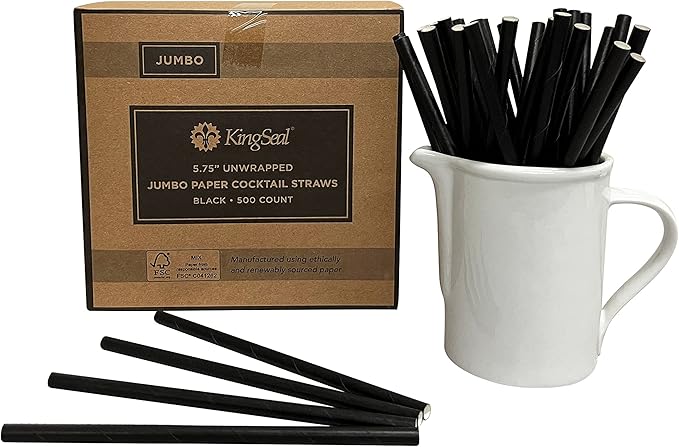 2,000 Count | Kingseal FSC Certified Paper Cocktail Straws, Stirrers, Unwrapped, 5.75 Inch Length x 6mm Diameter, BLACK, "Jumbo" Size, Biodegradable, Earth Friendly, Bulk Pack - 4 Boxes x 500